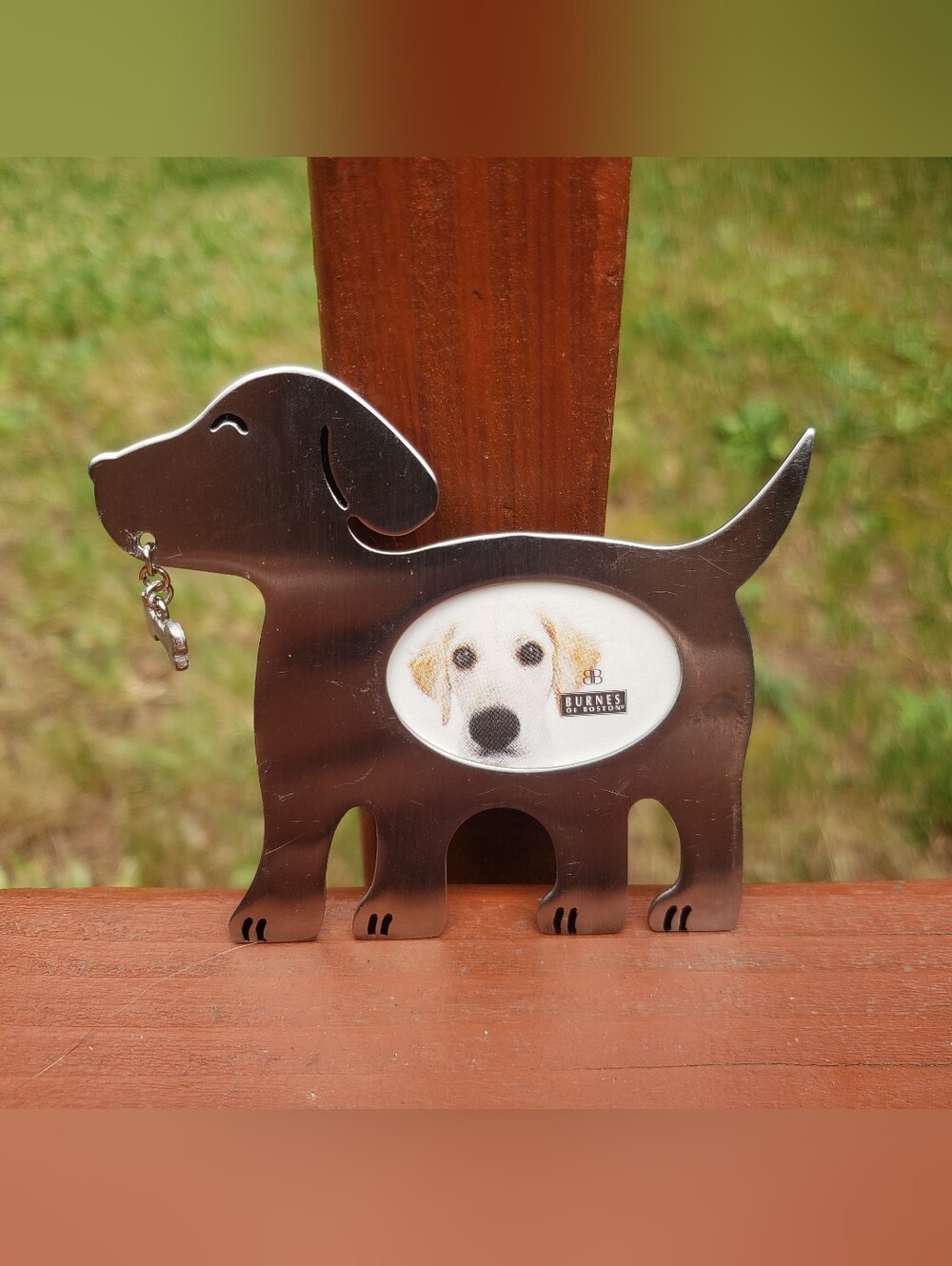 2003 Burnes Of Boston Small Silver Dog Magnetic Frame - Dog Has Dangling Bone In